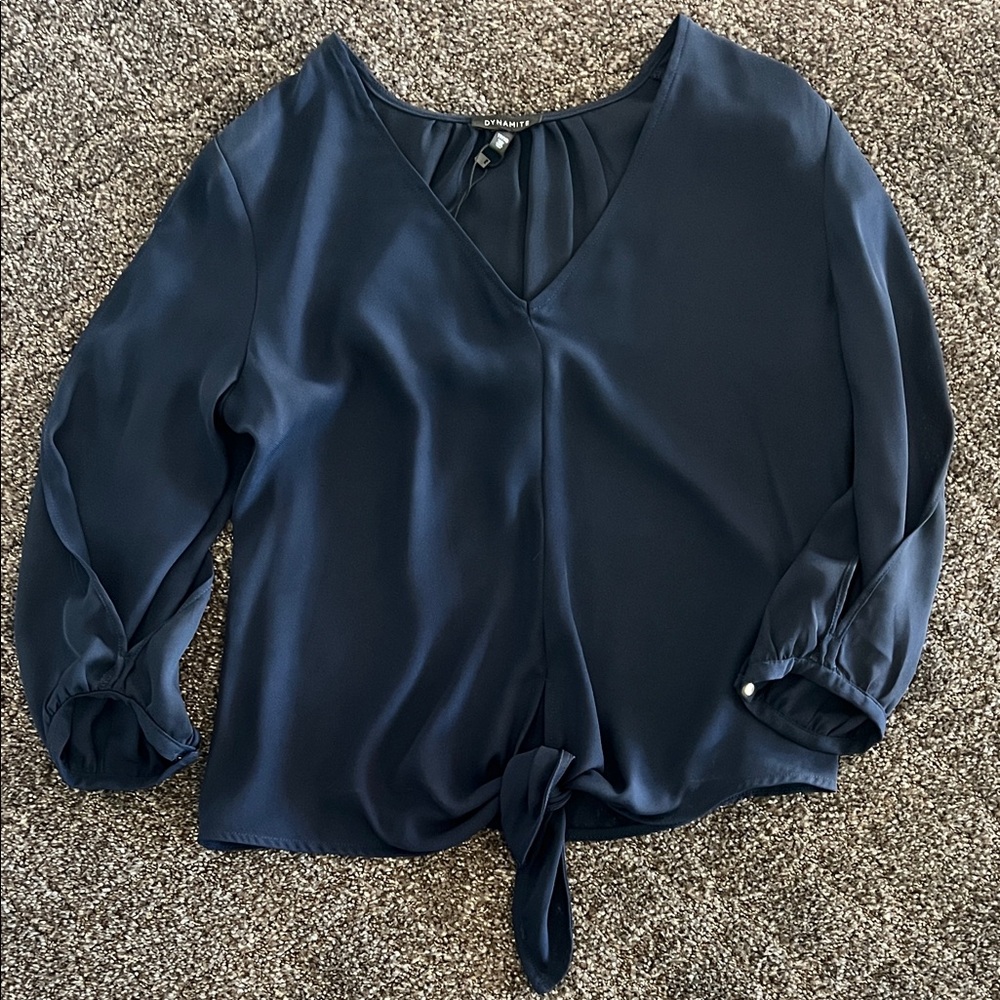 Dynamite Navy V-Neck Tie-Front Blouse